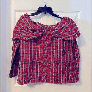 Custom vintage 80s plaid off the shoulder holiday shirt.
